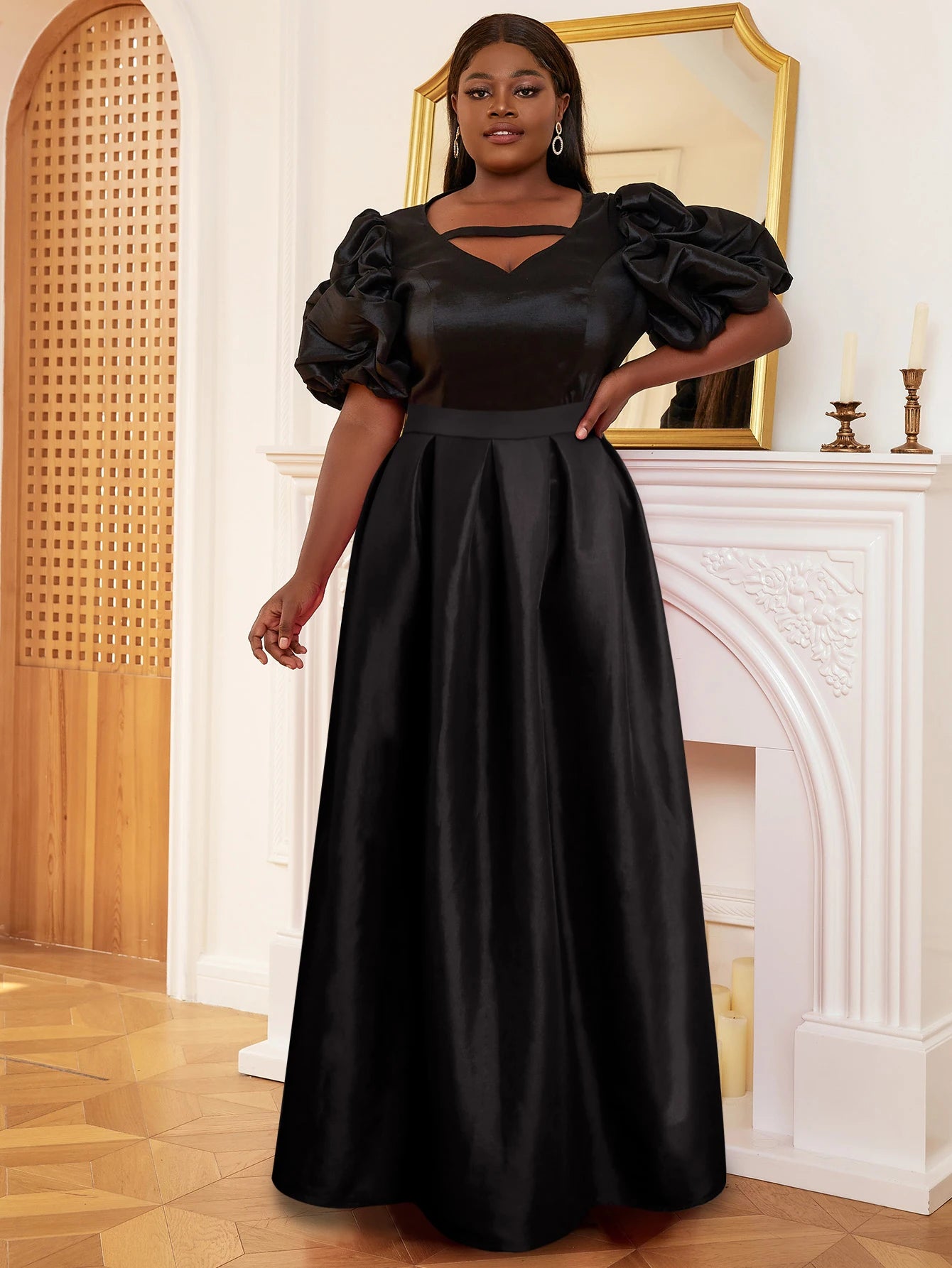 Maxy Elegant Two-Piece Sets for Women Summer V Neck Puff Short Sleeve Top High Waist Pleated  A Line Ball Skirt Modest Black Outfits