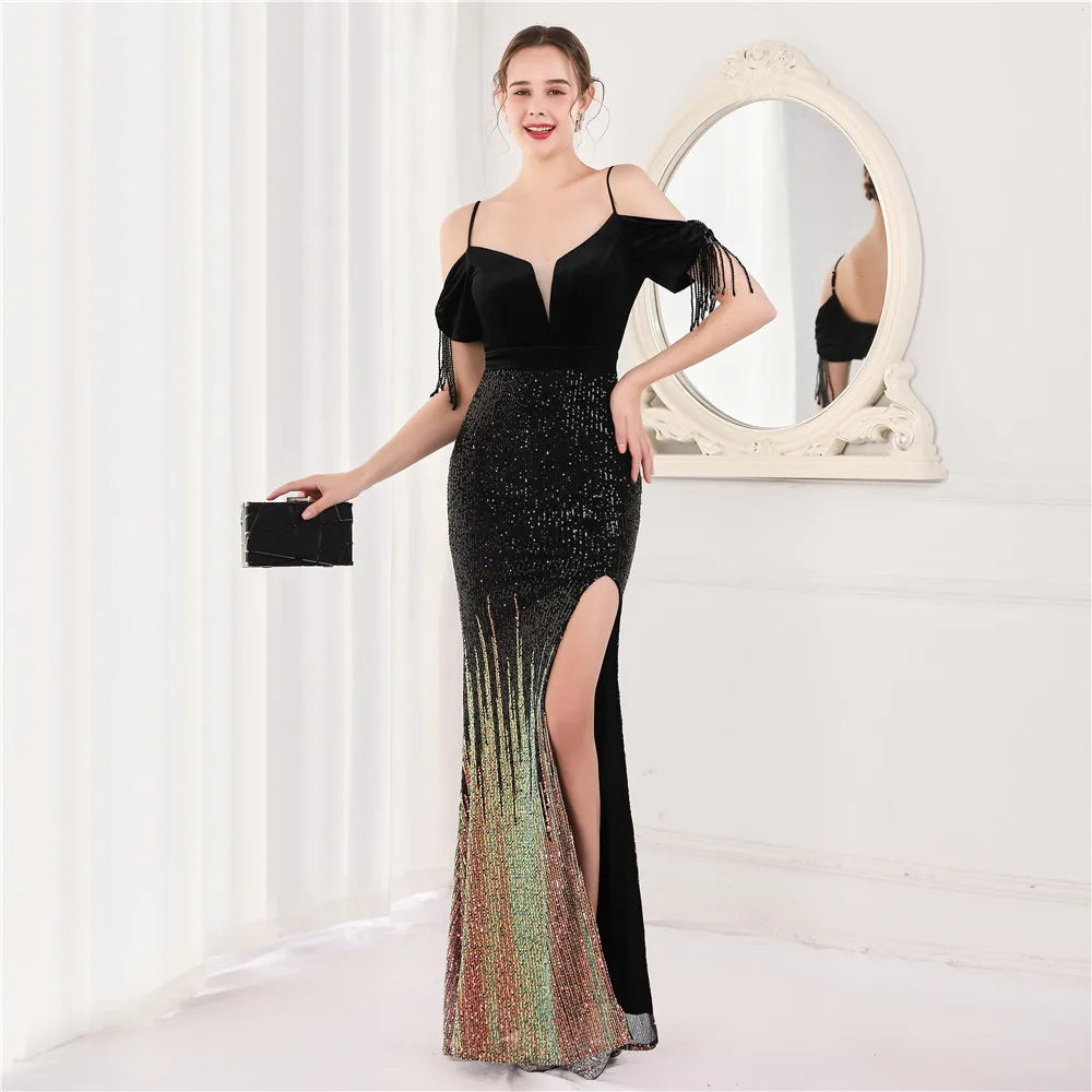 Maxy Women Elegant Formal Sequin Glitter Beaded Long Dress Party Prom Evening Wedding Straps Mermaid Dress