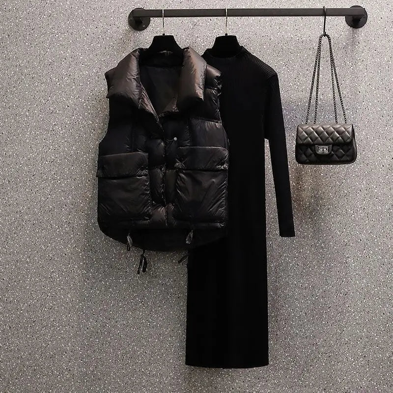 Maxy Autumn and Winter New Set Women's Korean Edition Fashion Age Reducing and Slimming Cotton Cloth Vest Woolen Dress Two Piece Set