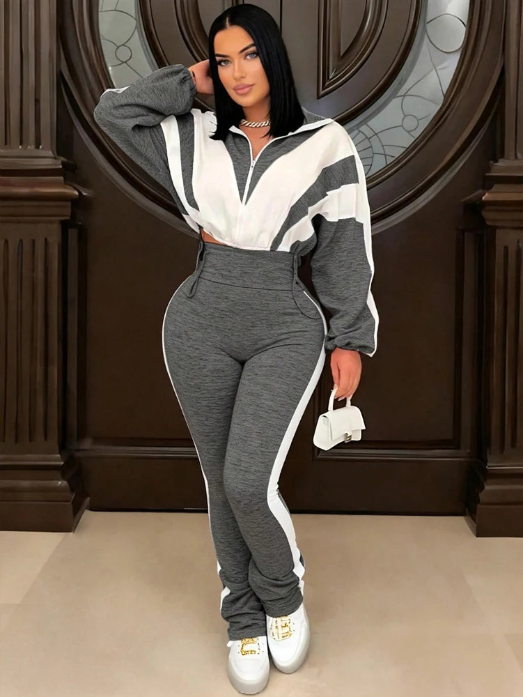 Casual Womens Set Zipper Jacket and Jogger High Waist Flared Pant Suit 2025 Fall Street Fashion Tracksuit Gym 2 Two Piece Sets